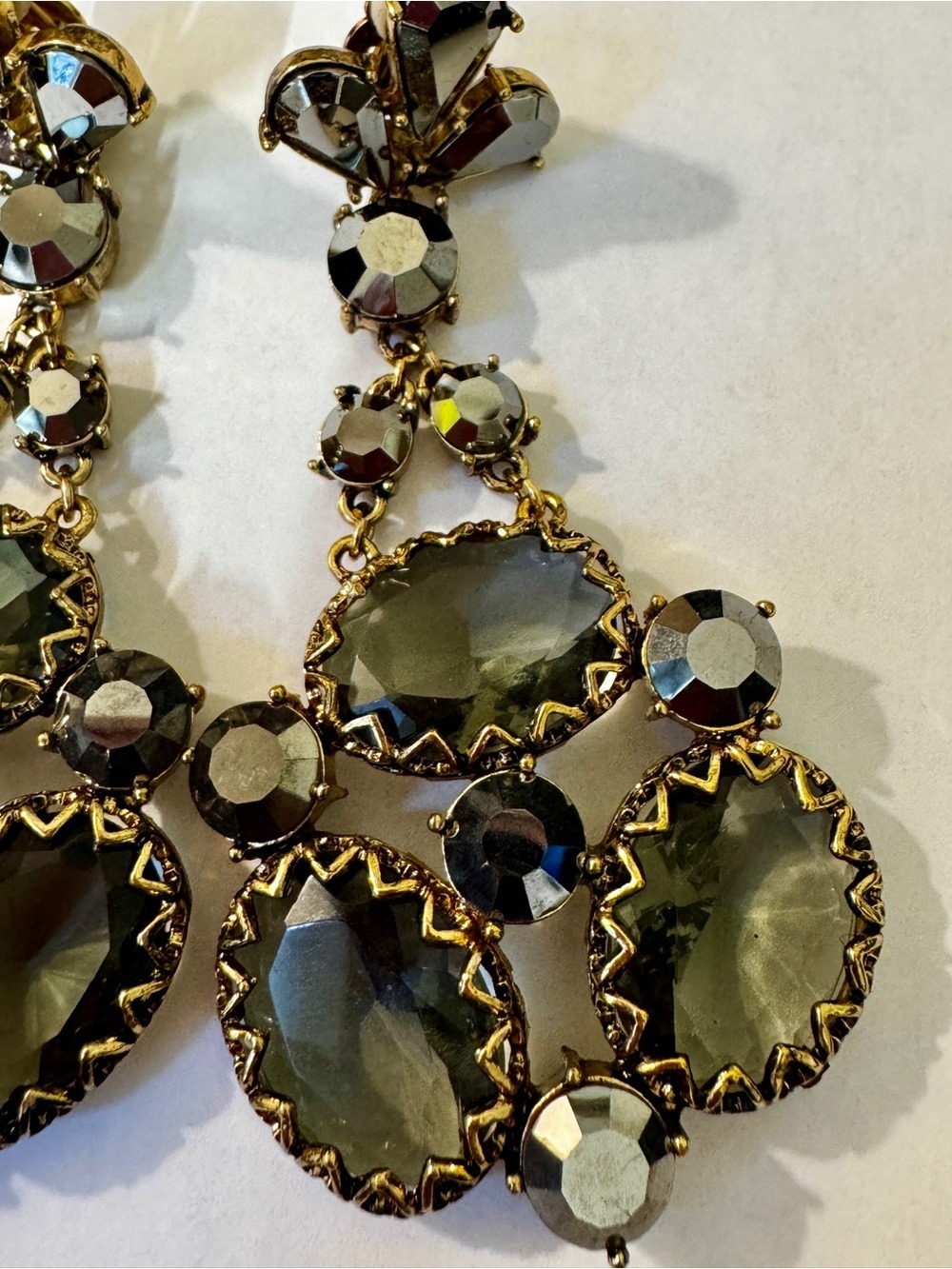 Badgley Mischka Olive Green and Gold Crystal Chandelier Earrings - Picture 2 of 3